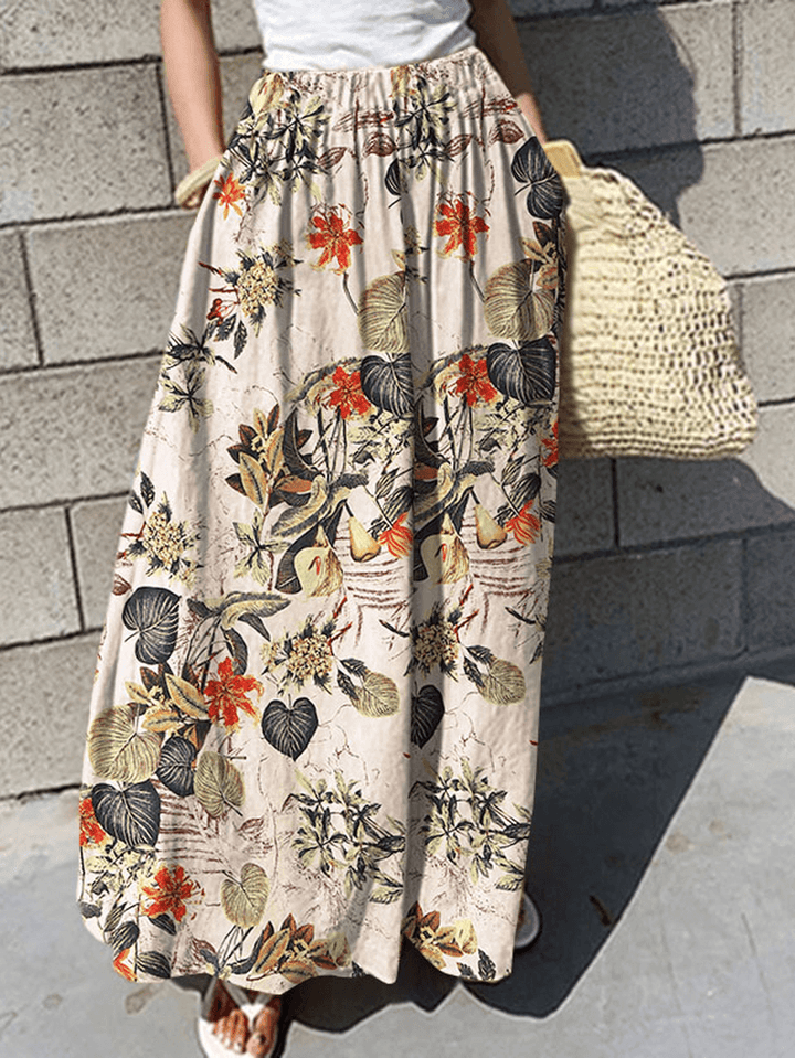 Women Floral Print Elastic Waist Pleated Casual Wide Leg Pants with Pocket - MRSLM