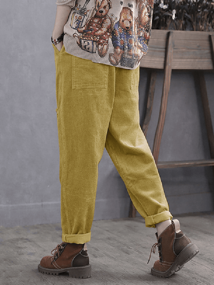 Women Corduroy Cargo Style Elastic Waist Pants with Multi Pocket