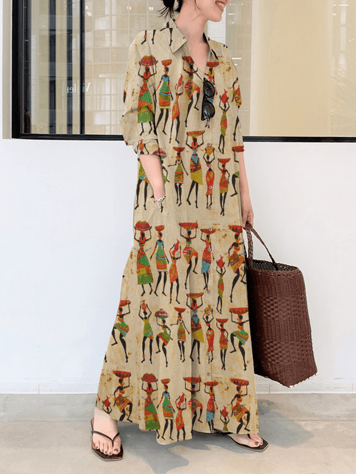 Women Ethnic Figure Print Lapel Long Sleeve Shirt Maxi Dresses with Pocket