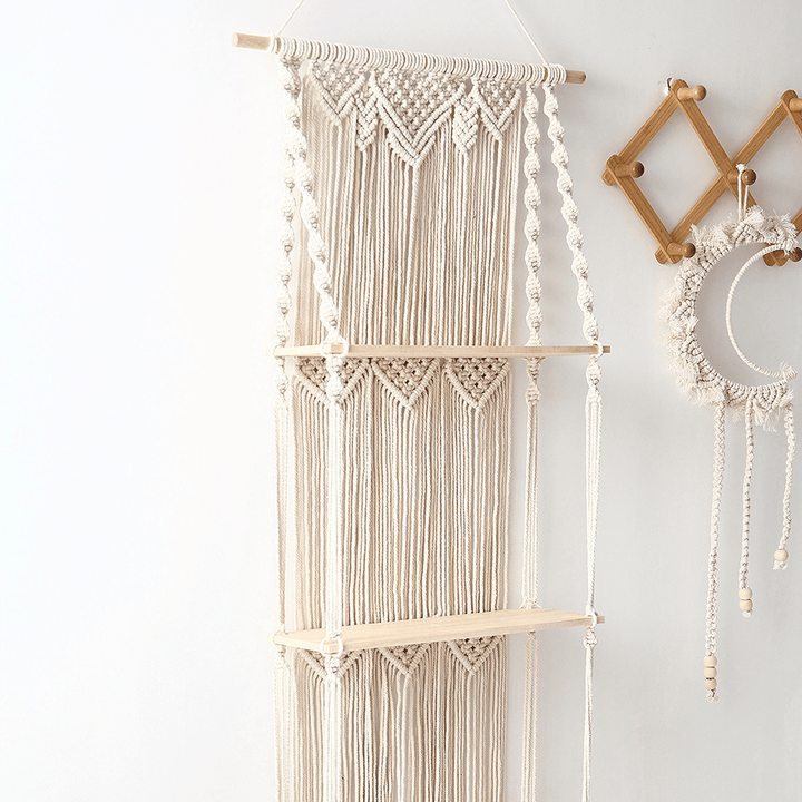 3-Tier Bohemia Macrame Woven Wood Mount Shelf Tapestry Tassel Wall Hanging Bookshelf for Home Decor