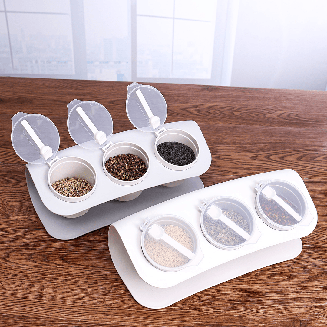 3 Grids Seasoning Bottle Box Condiment Kitchen Storage Container Herb Spice with Spoon