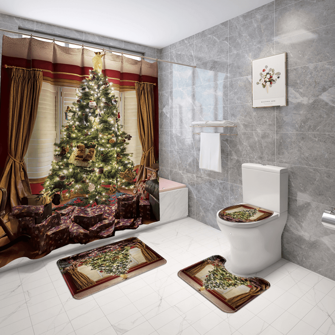 Merry Christmas Tree Shower Curtain Bath Pad Pedestal Rug Lid Toilet Cover Mat for Bathroom 2020 Christmas Decoration