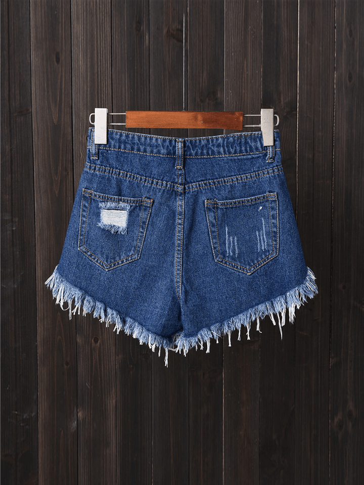 Women Button up Pocket Loose Hollow Ripped Denim Shorts