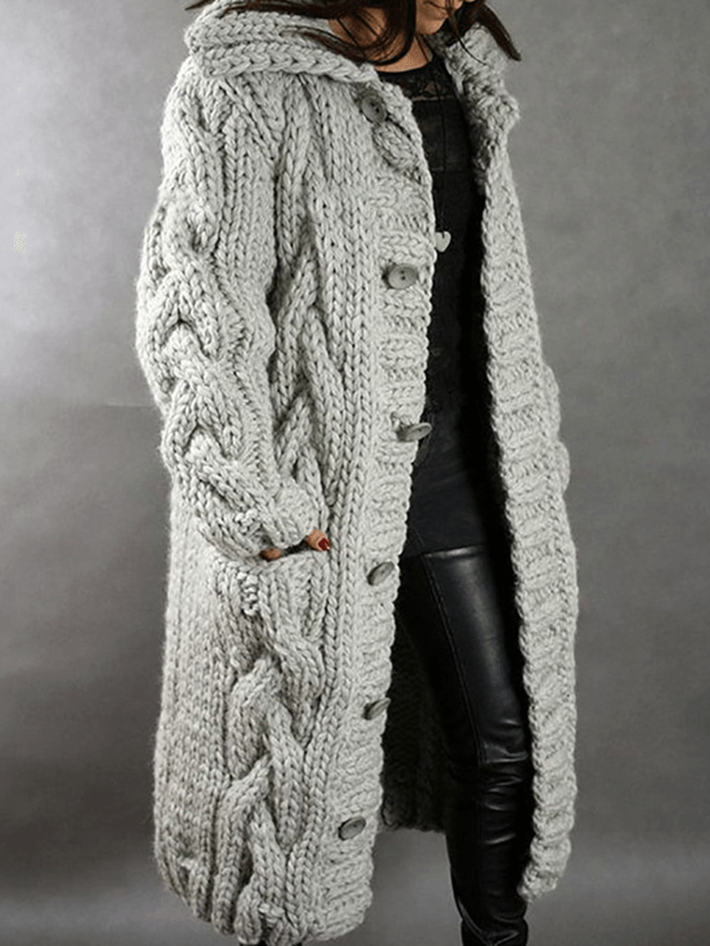 Women Solid Color Jacquard Knitted Mid-Length Hooded Cardigan with Pocket - MRSLM