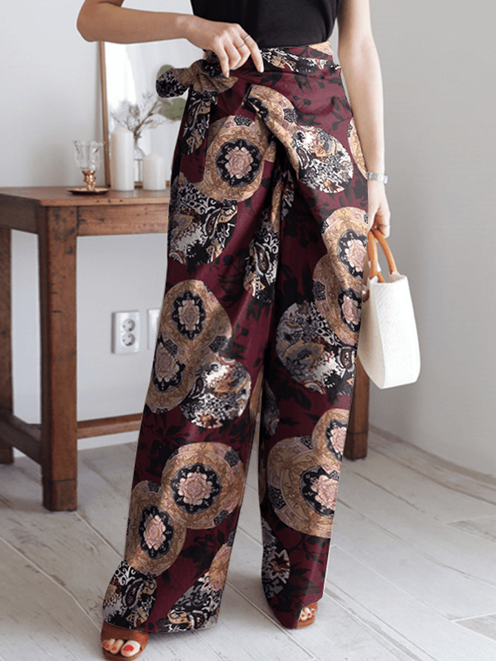 Women Ethnic Style Print Asymmetric Tie Waist Casual Wide Leg Pants