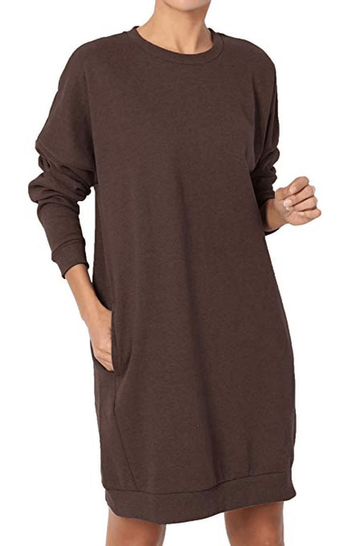 Women Long Sleeve Crew Neck Solid Pullover Loose Hoodie Sweatshirt Dress