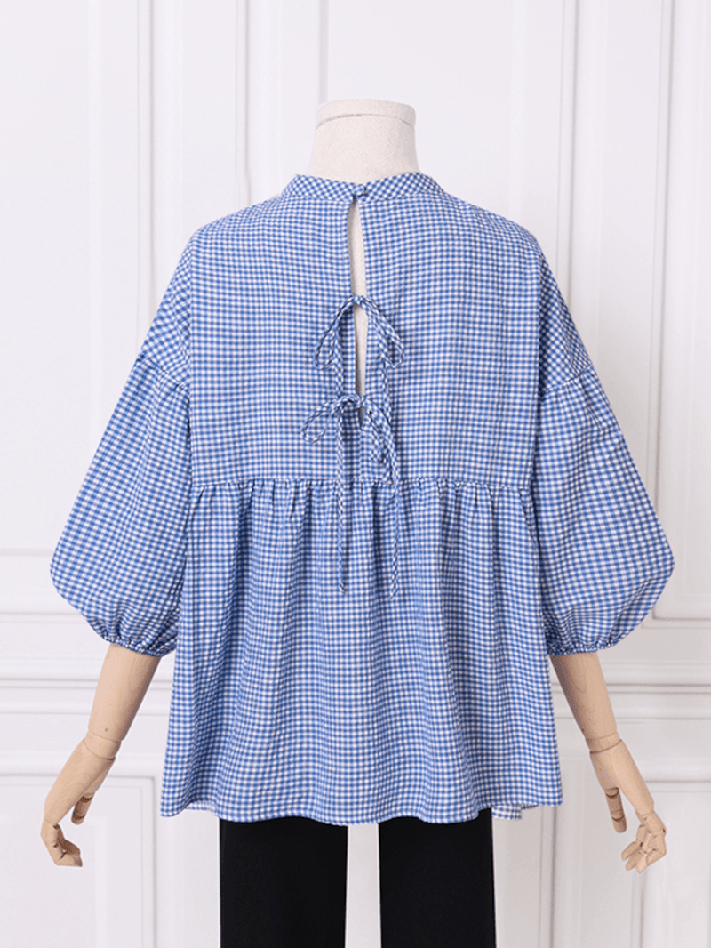 Women Plaid Printed Pleats O-Neck Butterfly Knot Drawstring Loose Shirts