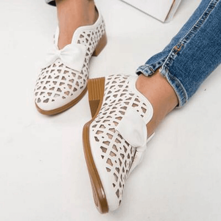 Plus Size Women Casual Butterfly Knot Hollow White Loafers