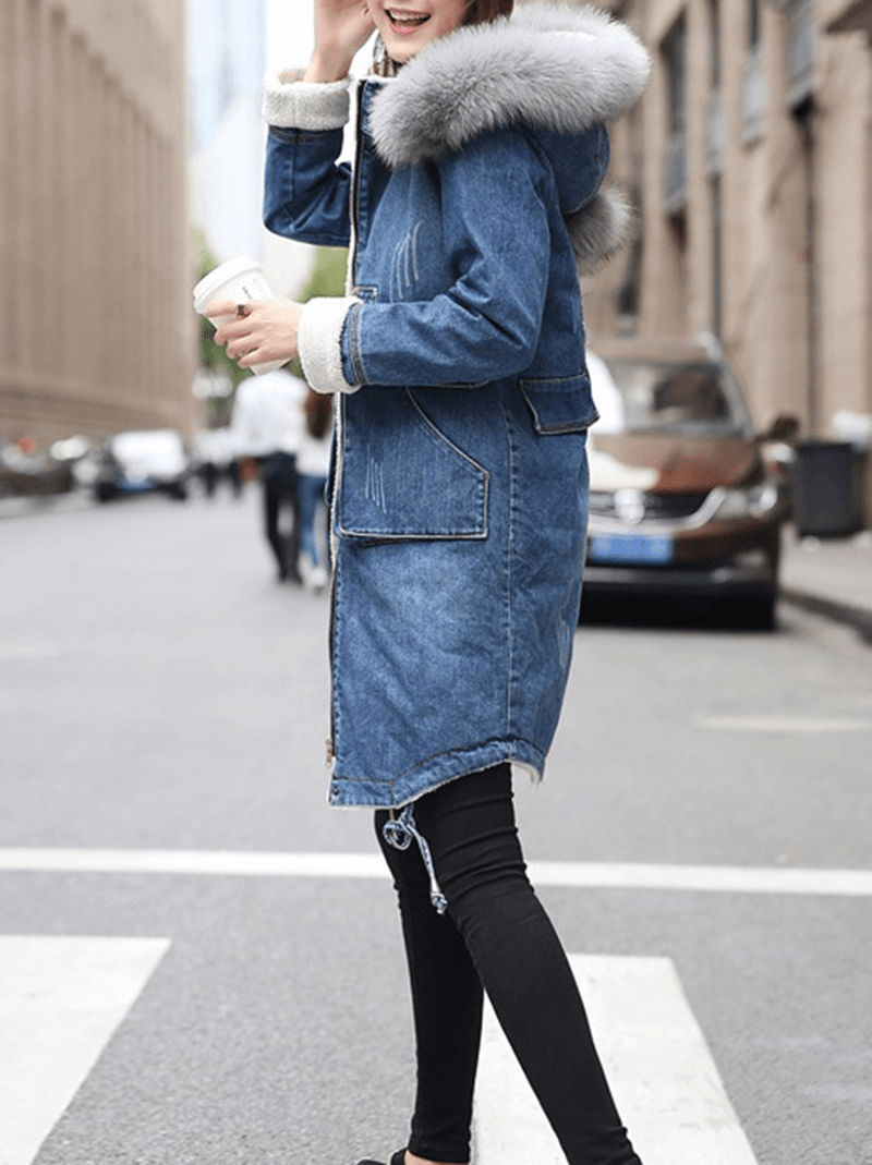 Casual Women Faux Fur Collar Double Pocket Thick Denim Coat