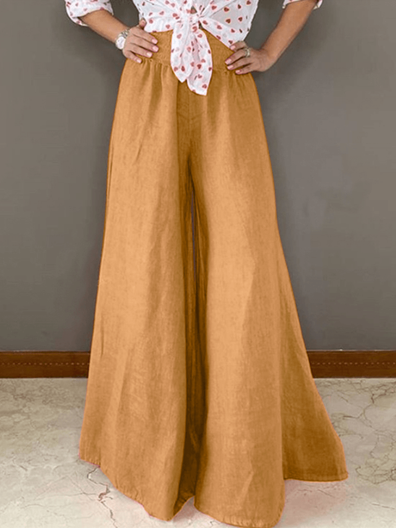 Women Solid Color High Elastic Waist Wide Leg Cotton Casual Pants with Pocket