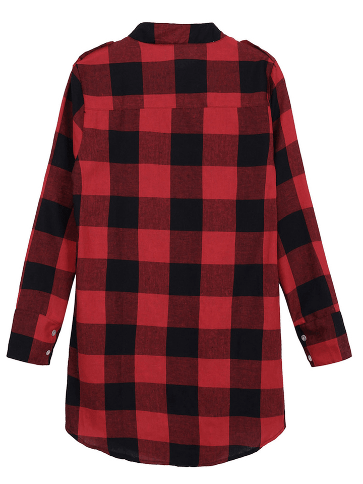 Women Casual Long Sleeve Plaid Loose Pocket Button Long Blouses