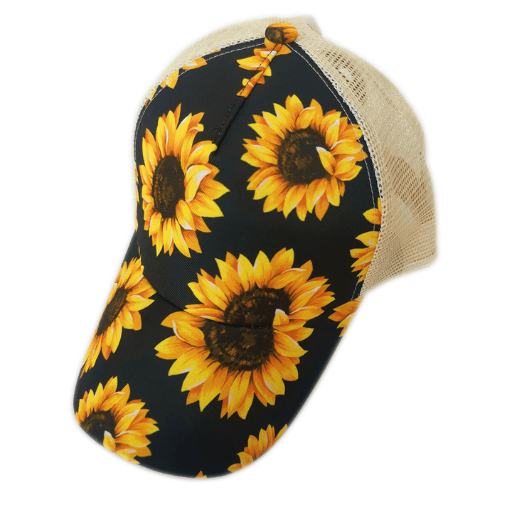 European and American Sunflower Print Baseball Cap, Back Cross Ponytail Cap, Color Striped Sunscreen Mesh Cap