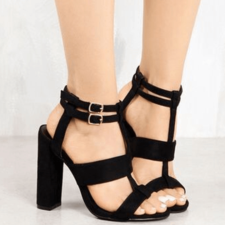 Women Summer Buckle Block Open Toe High Heels Pumps - MRSLM