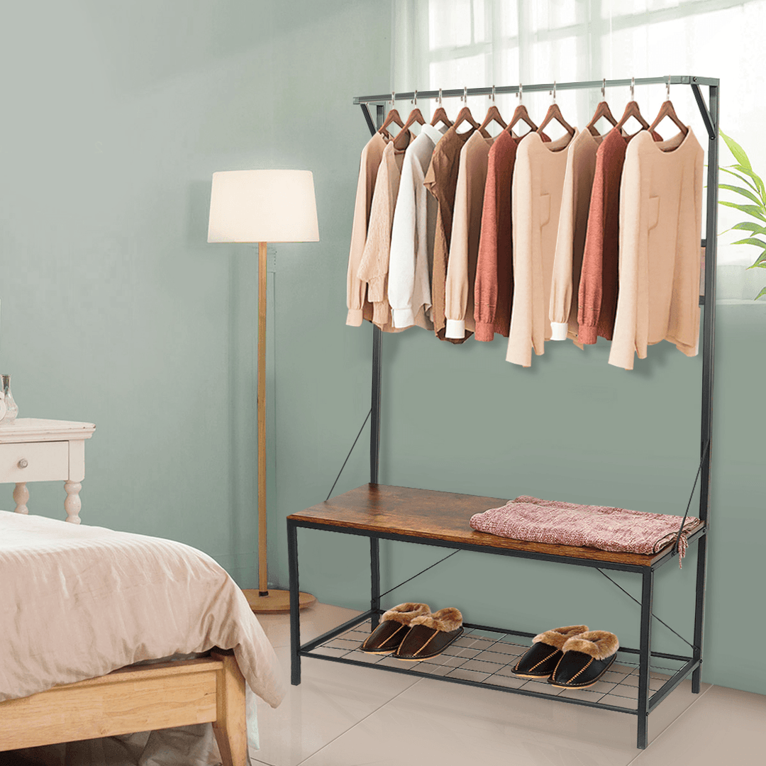 Industrial Coat Rack Shoe Bench Hall Tree Entryway Storage Shelf Cloth Hanger Wood Furniture