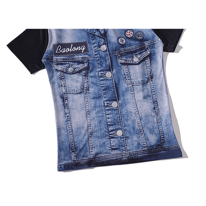 Mens Fashion Creative 3D Denim Jacket Printed T-Shirts Casual O-Neck Short Sleeve Tops Tees