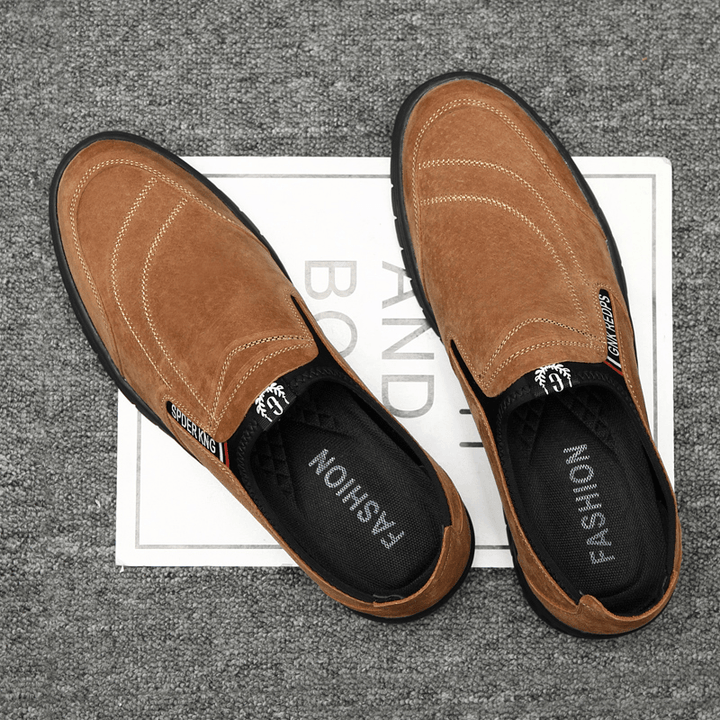 Men Comfy Pigskin Leather Stitching Non-Slip round Toe Lazy Slip-On Loafers Shoes