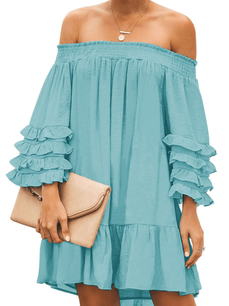 Off Shoulder Pleats Solid Casual Mini Dresses for Women