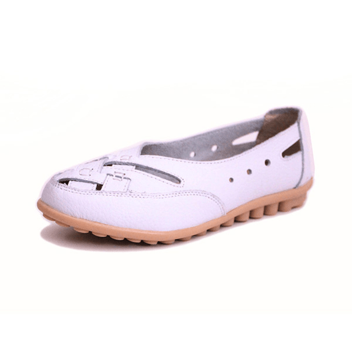 Women Summer Flat Casual Outdoor Hollow Out Leather Soft Comfortable Flat Loafers Shoes