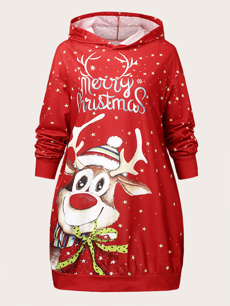 Women Christmas Cartoon Pattern Pocket Print Star Spot Long Sleeve Hooded Sweatshirt