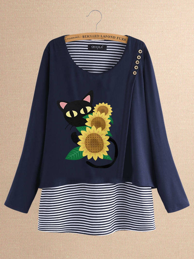 Casual Print Cats Flower Patch Striped Blouse