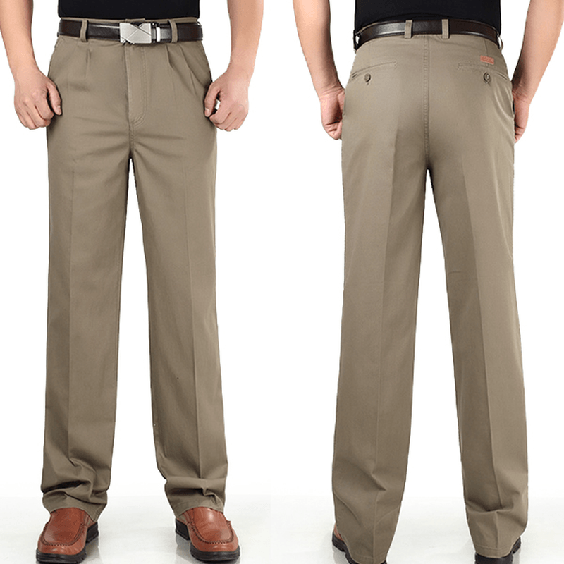 Mens Loose Thin Cotton Work Straight Leg Pants Breathable Wash-And-Wear Casual Slacks