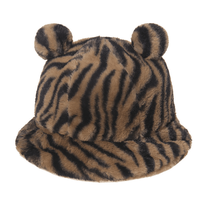 Leopard Print Bear Ear Ball Plush Fisherman Hat