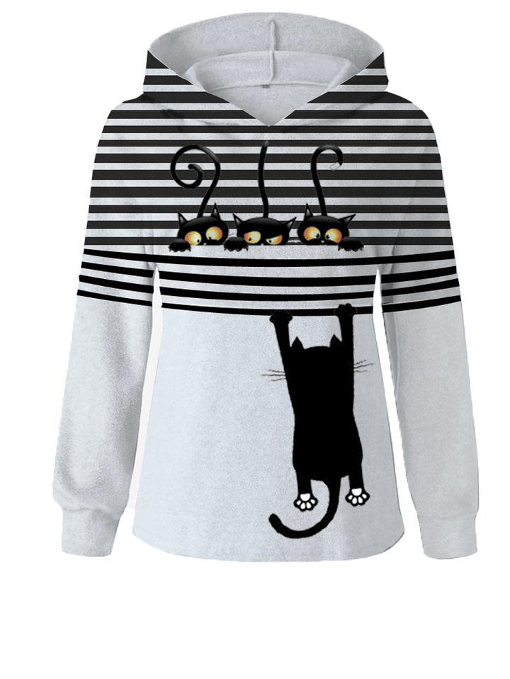 Women Cartoon Cat Stripe Print Daily Casual Long Sleeve Hoodies