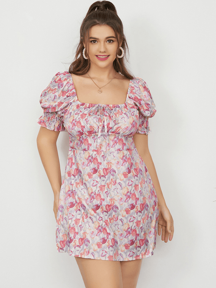 Puff Sleeve Printing Leisure Summer Holiday Dress for Women - MRSLM