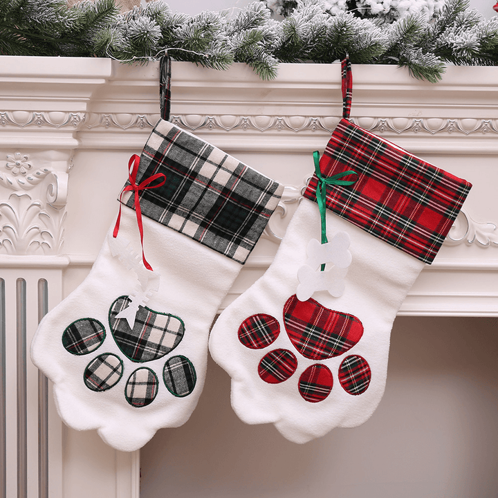 Christmas Socks Red Blue Plaid Dogs Paw Stockings Sacks Hanging New Year Kids Gifts Christmas Party Decorations