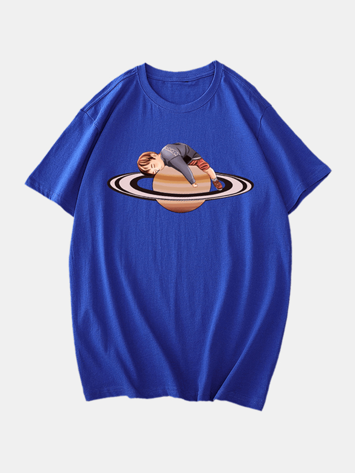 Mens Cotton Breathable Cartoon Saturn & Boy Print Short Sleeve Casual T-Shirts