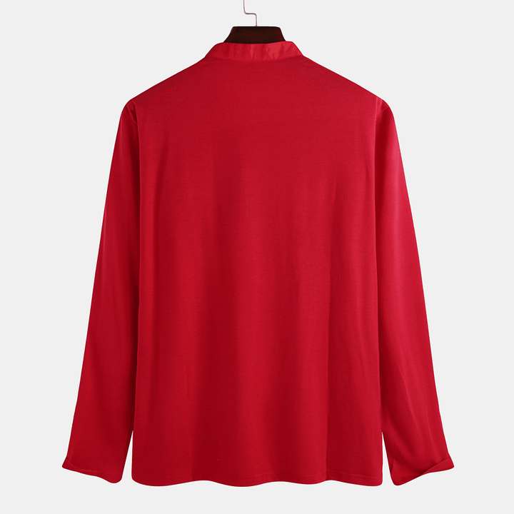 Mens Solid Color Half Open Button Stand Collar Long Sleeve