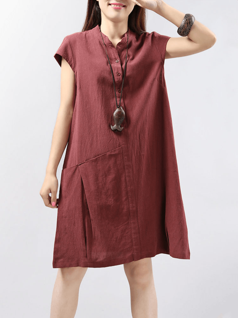 Women Short Sleeve Button Solid Color Casual Dress