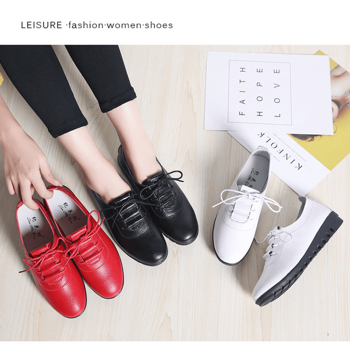 Women Non-Slip Solid Color Leather Lace-Up Soft Sole Flats