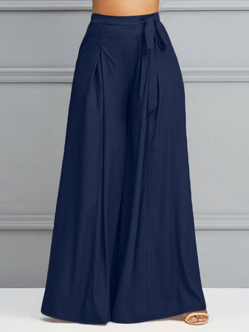 Women Solid Color Tie Waist Casual Swing Pants with Pocket