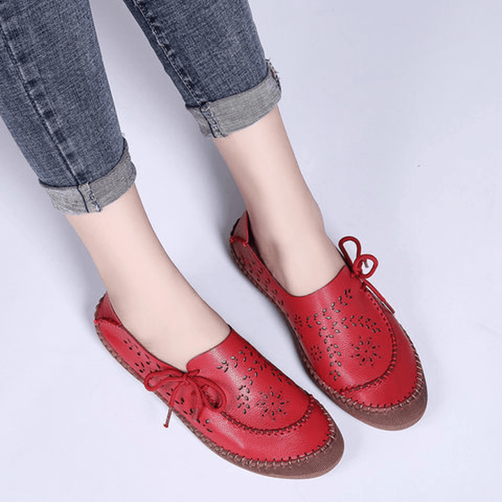 Women Genuine Leather plus Size Breathable Hollow Out Soft Sole Casual Flats Loafers