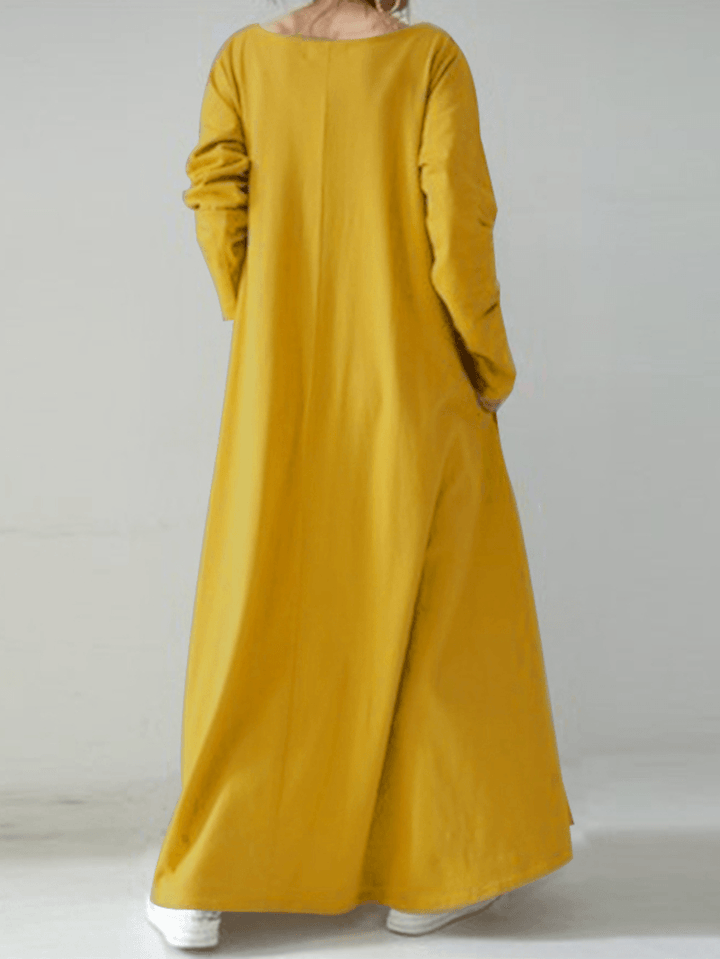 Women Casual Solid Color V-Neck Loose Long Sleeve Swing Maxi Dress