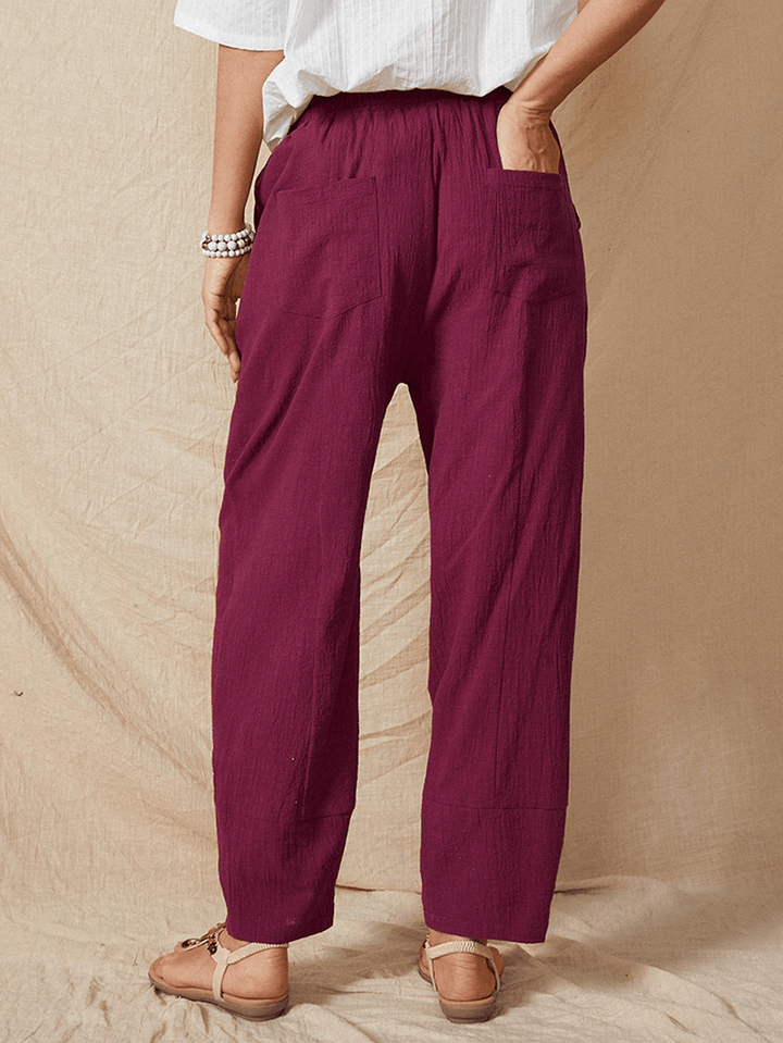 Elastic Waist Solid Color Side Pocket Cotton Casual Harem Pants for Women