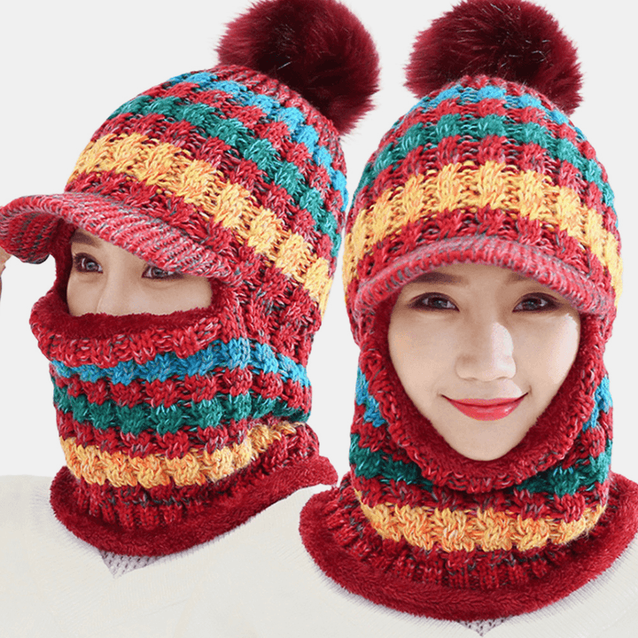 Women Wool One-Piece plus Velvet Thicken Warm Windproof Neck Face Protection Riding Knitted Hat Baseball Hat