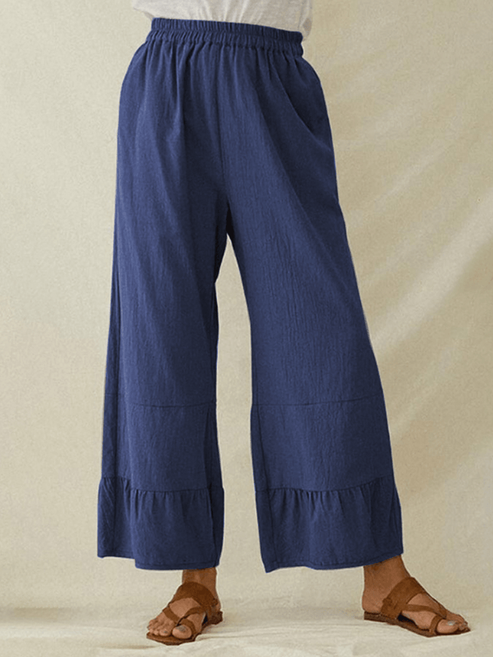 Women Cotton Plain Ruffle Cuff Elastic Waist Loose Casual Solid Wide Leg Pants - MRSLM