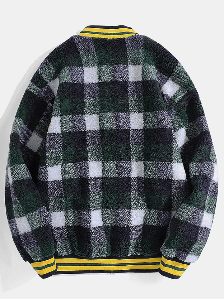 Mens Plush Plaid Letter Applique Patched Baseball Collar Zipper Jacket