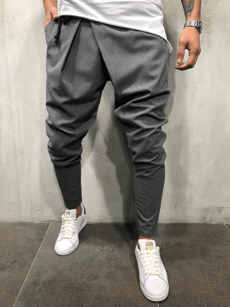 Men's Casual Pants with Drawstring Waist and Asymmetrical Hem