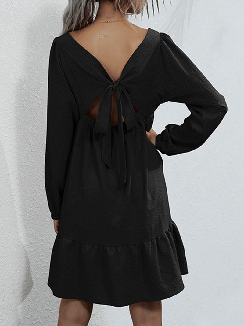 Women Brief Style Solid Color Bowknot Ruffle Long Sleeves Casual Dress