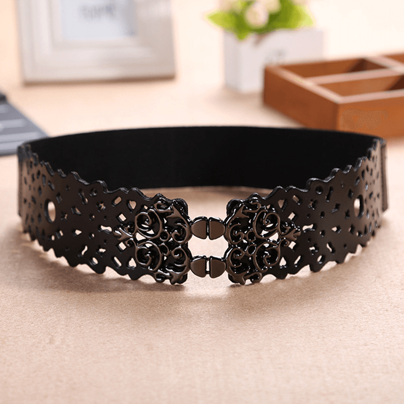 Women First Layer Leather Hollow Belts Elastic Stretchable Metal Button Waistband