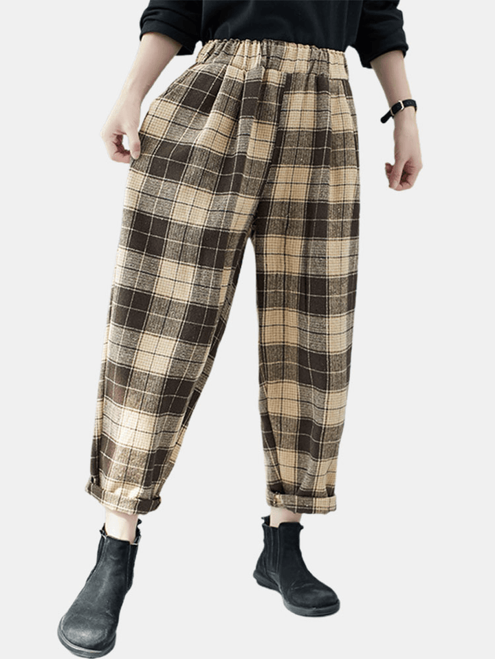 Women Plaid Color Block Elastic High Waist Side Pocket Harem Pants