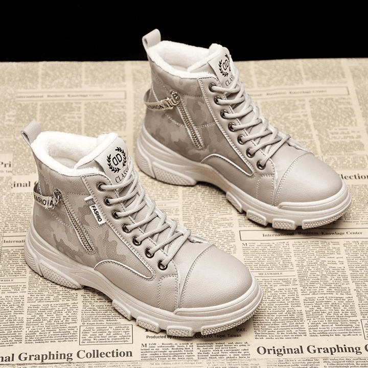 Women Casual Letter Pattern Lace up Zippers Warm Wearable Ankle Sports Court Sneaker Shoes