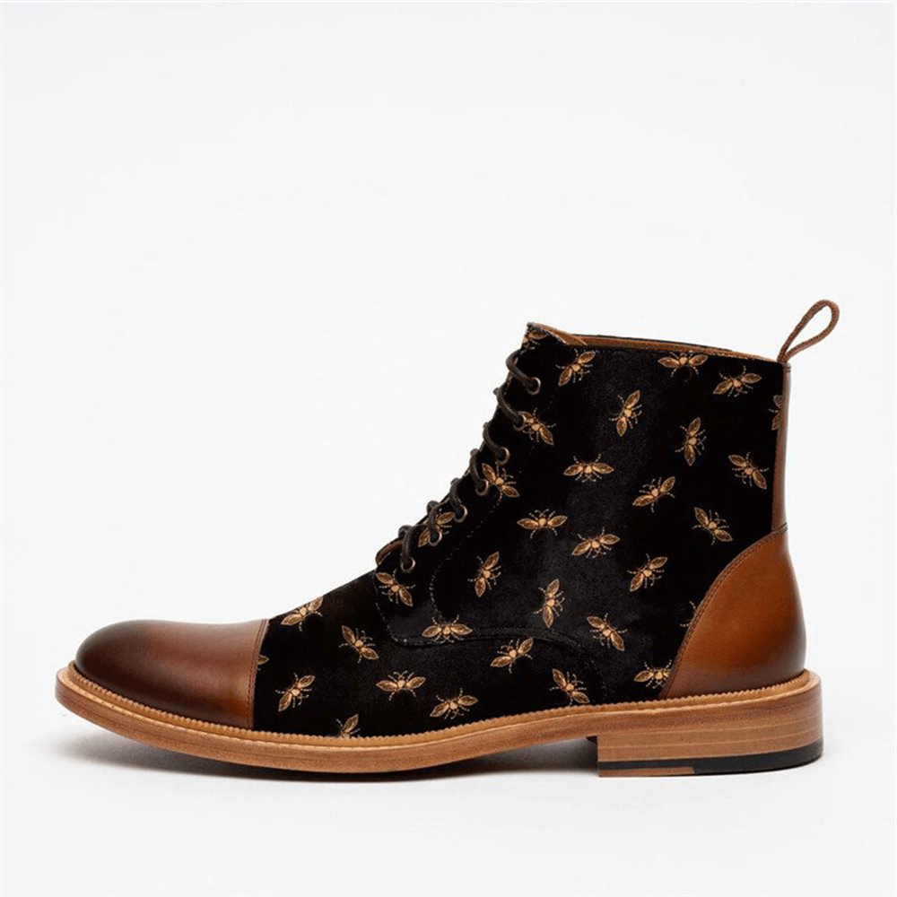 Men British Style Cap Toe Splicing Bees Printed Cloth Ankle Jack Boots