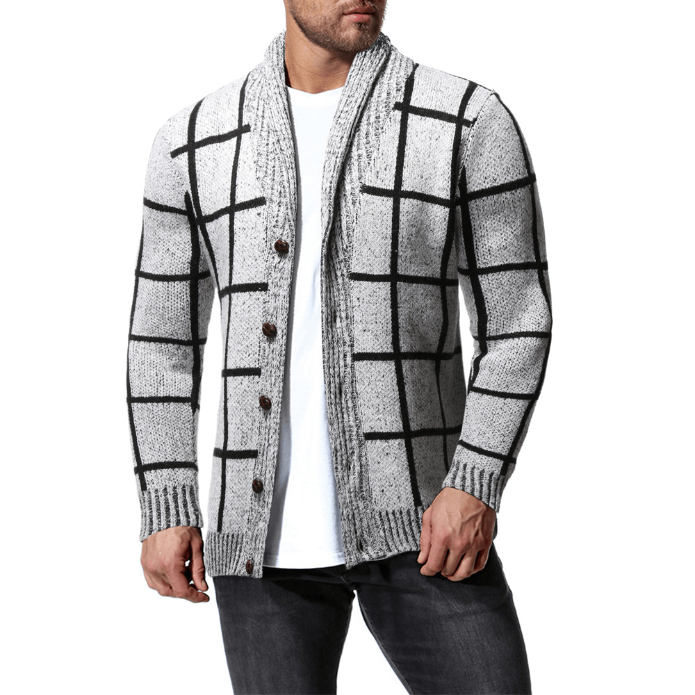 Men'S Winter Color Matching Plaid Cardigan Sweater