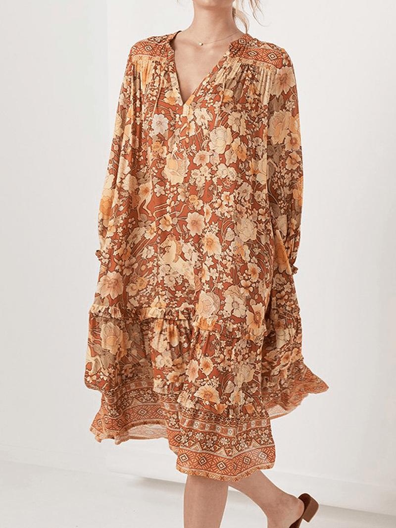 Bohemian Floral Print V-Neck Long Sleeve Mid-Long Dress