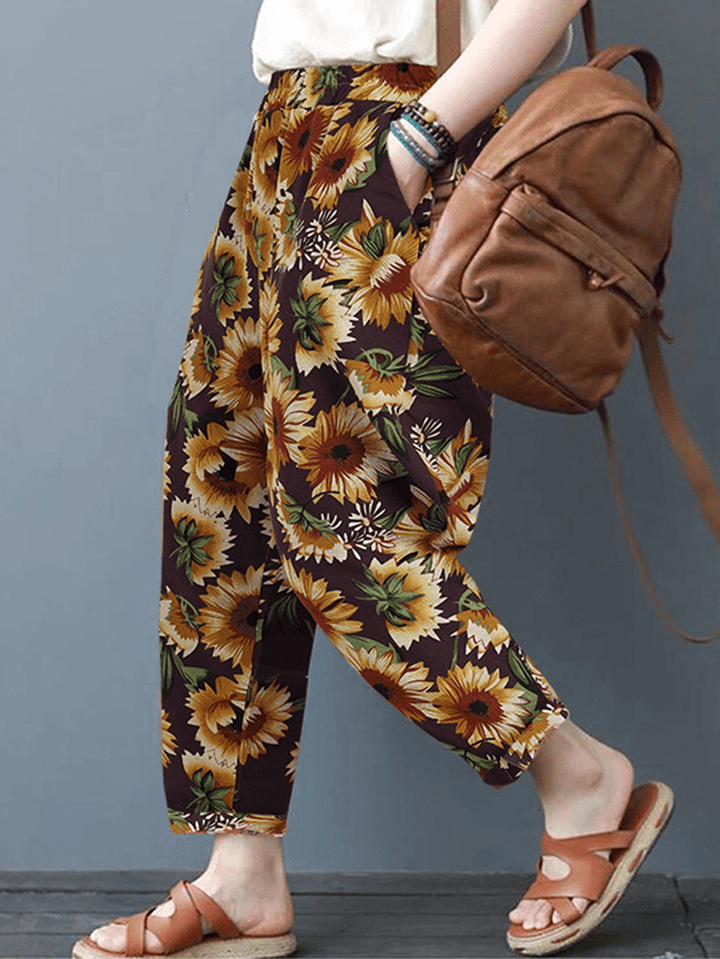 Women Sunflower Daisy Floral Print Cotton Casual Pants with Side Pockets