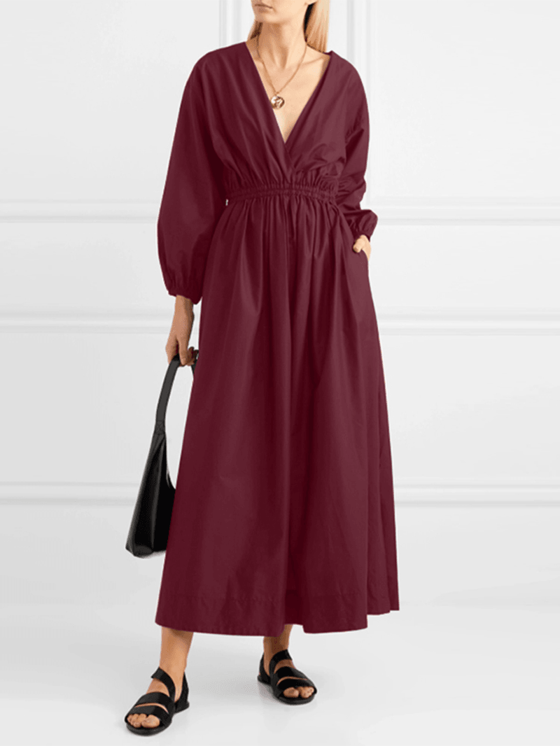 Women V-Neck Pleated Elastic Waist Puff Sleeve Elegant Maxi Dresses